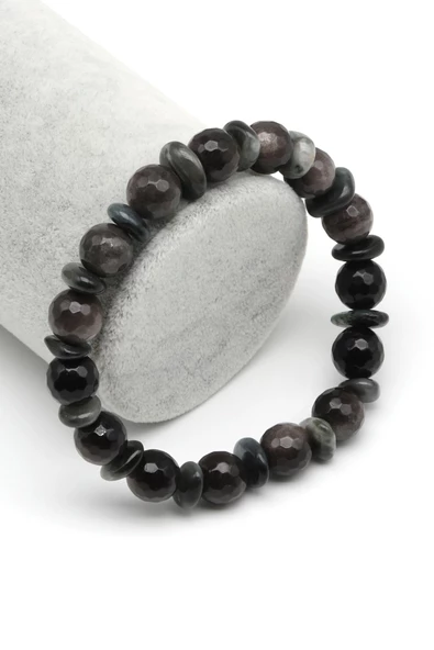 Silver Obsidyen-Kedi Gözü Doğal Taş Tasarım Bileklik 10 mm Fasetli Küre Kesim ürün görseli 1