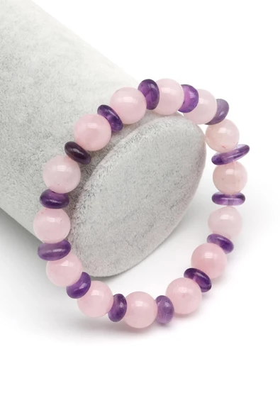 Pembe Kuvars-Ametist Doğal Taş Tasarım Bileklik 10 mm Küre Kesim ürün görseli 1