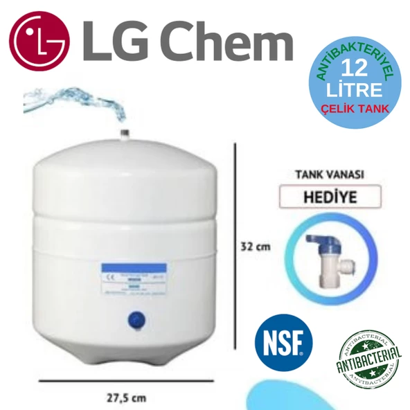 LG Chem 12 litre (3.2 Galon ) ANTİBAKTERİYEL ÇELİK NSF' Lİ SU ARITMA CİHAZI BASINÇ TANKI ürün görseli 1