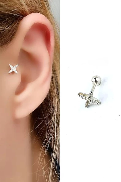 Zirkon Taş Detaylı Yıldız Figürlü 925Ayar Gümüş Tragus Helix Kikirdak Piercing ürün görseli 1