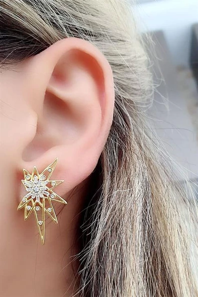Baget Zirkon Taşlı 925Ayar Gümüş Üzerine Altın Kaplama Luxury Tasarım Kutup Yıldızı Küpe ürün görseli 1