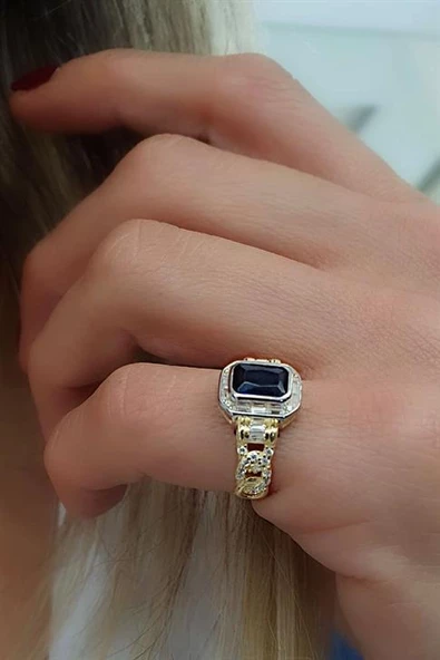 Lacivert Zirkon Taşlı 925Ayar Gümüş Üzerine Altın Kaplama Luxury Tasarım Ayarlanabilir Şovalye Yüzük ürün görseli 1