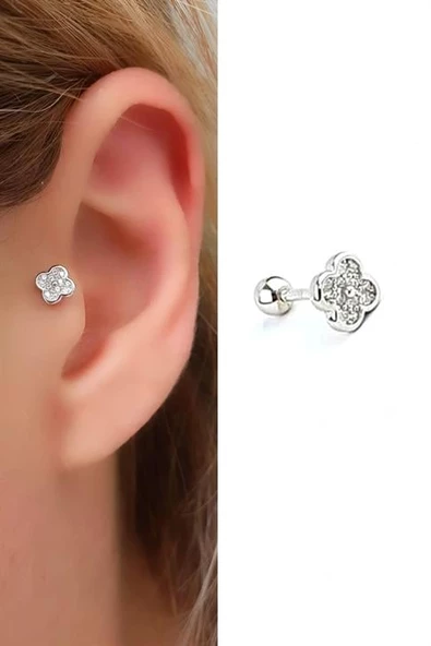 Zirkon Taş Detaylı Yonca Figürlü 925Ayar Gümüş Tragus Helix Kikirdak Piercing ürün görseli 1