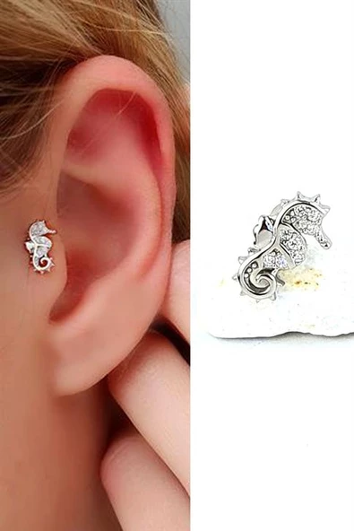 Zirkon Taş Detaylı Deniz Atı Figürlü 925Ayar Gümüş Tragus Helix Kikirdak Piercing ürün görseli 1