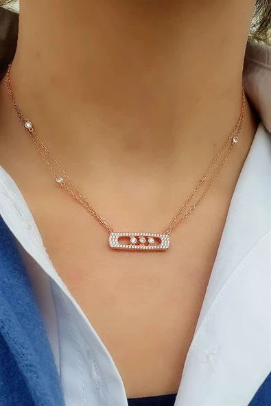 Pırlanta Parlaklığında Zirkon Taşlı İtalyan Tasarımı 925Ayar Gümüş Üzerine Rose Altın Kaplama Taşları Hareketli Kolye ürün görseli 1