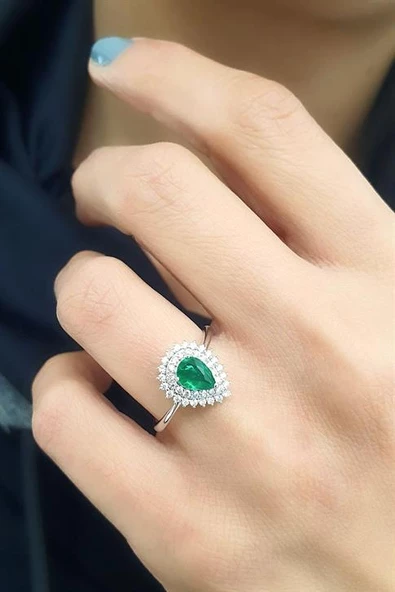 Sky Diamond Green Creative Rubies 925 Ayar Gümüş Damla Yüzük ürün görseli 1