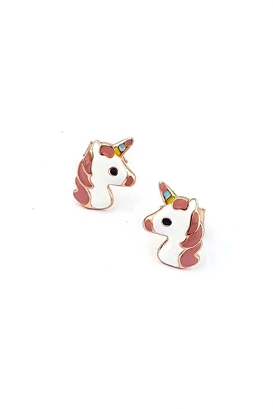 Pembe Mineli 925Ayar Gümüş Rose Unicorn Çocuk Küpesi ürün görseli 1