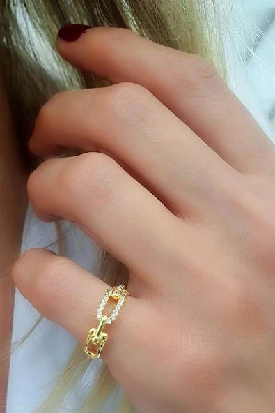 Zirkon Taş Detaylı 925Ayar Gümüş Üzerine Altın Kaplama Luxury Tasarım Trend Yüzük ürün görseli 1