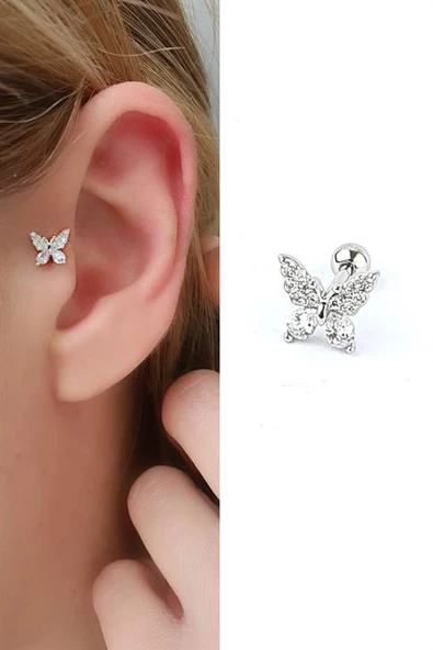 Zirkon Taş Detaylı Kelebek Figürlü 925Ayar Gümüş Tragus Helix Kikirdak Piercing ürün görseli 1