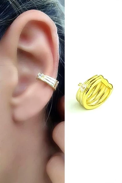Zirkon Taş Detaylı 925Ayar Gümüş Üzerine Altın Kaplama Luxury Tasarım Trend Sıkıştırmalı Kıkırdak Earcuff Küpe ürün görseli 1