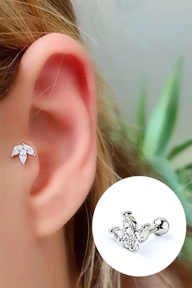 Zirkon Taş Detaylı 925Ayar Gümüş Tragus Helix Kikirdak Piercing ürün görseli 1