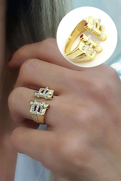 Zirkon Taş Detaylı 925Ayar Gümüş Üzerine Altın Kaplama Luxury Tasarım Ayarlanabilir Yüzük ürün görseli 1