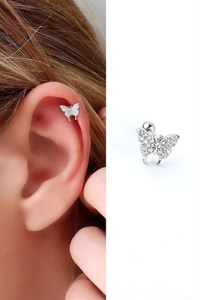 Zirkon Taş Detaylı Kelebek Figürlü 925Ayar Gümüş Tragus Helix Kikirdak Piercing ürün görseli 1