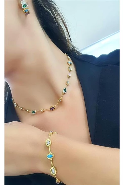 Renkli Zirkon Taşlı 925Ayar Gümüş Luxury Tasarım Set Takım ürün görseli 1