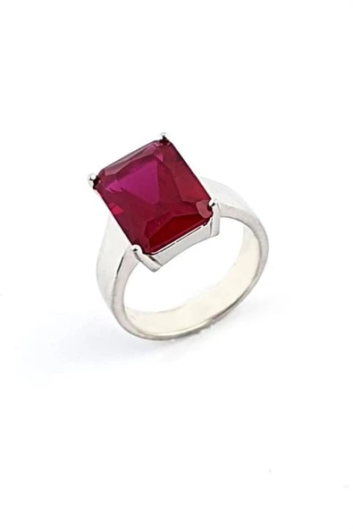 Sky Diamond Red Creative Rubies 925Ayar Gümüş Üzerine Beyaz Altın Kaplama Baget Tek Taş Yüzük ürün görseli 1