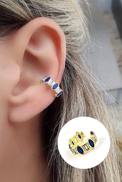 Lacivert Zirkon Taşlı 925Ayar Gümüş Üzerine Altın Kaplama Luxury Tasarım Sıkıştırmalı Kıkırdak Küpesi ürün görseli 1