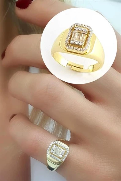 Baget Zirkon Taşlı 925Ayar Gümüş Üzerine Altın Kaplama Luxury Tasarım Ayarlanabilir Şovalye Yüzük ürün görseli 1