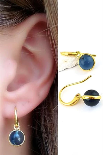 Mavi Topaz Taşlı 925Ayar Gümüş Üzerine Altın Kaplama Sallantılı Top Küpe ürün görseli 1