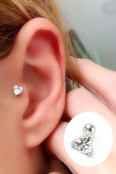 Kalp Şeklinde Zirkon Taş Detaylı 925Ayar Gümüş Tragus Helix Kikirdak Piercing ürün görseli 1