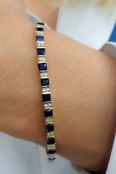 Lacivert Zirkon Taşlı 925Ayar Gümüş Üzerine Altın Kaplama Luxury Tasarım Su Yolu Bileklik ürün görseli 1