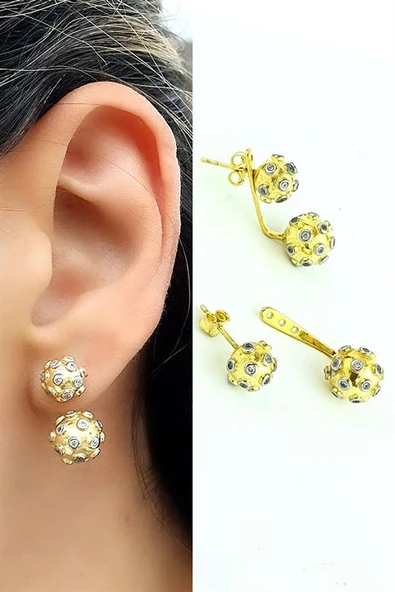 Zirkon Taş Detaylı 925Ayar Gümüş Üzerine Altın Kaplama Tasarım Earcuff Top Küpe ürün görseli 1