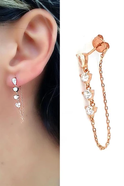 Zirkon Taş Detaylı 925Ayar Gümüş Üzerine Rose Altın Kaplama Zincir Detaylı Trend Tek Küpe ürün görseli 1