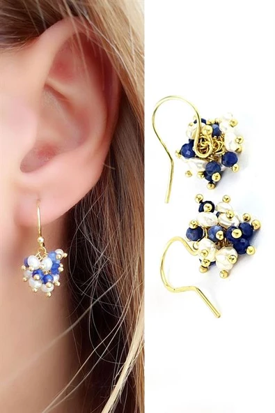 Lapis Lazuli Ve İncili 925Ayar Gümüş Üzerine Altın Kaplama Tasarım Doğal Taş Küpe ürün görseli 1