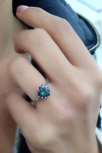 Mistik Topaz Taşlı 925 Ayar Gümüş Kalp Tek Taş Yüzük ürün görseli 1