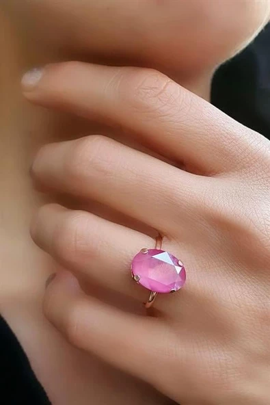 Pembe Swarovski Taşlı 925Ayar Gümüş Rose Altın Kaplama Ayarlanabilir Yüzük ürün görseli 1