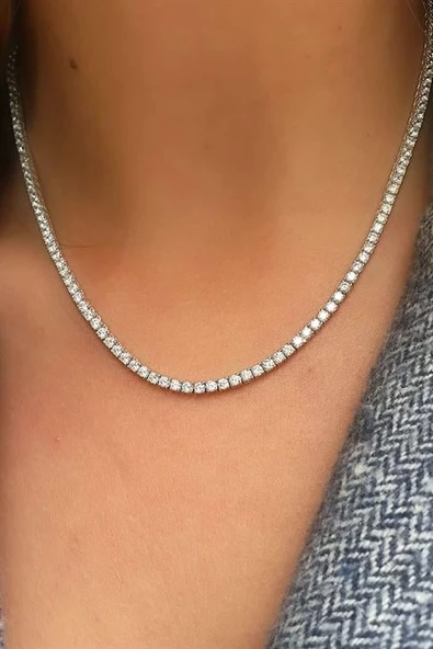 Pırlanta Parlaklığında Swarovski Kesim Zirkon Taşlı 925 Ayar Gümüş Su Yolu Kolye ürün görseli 1