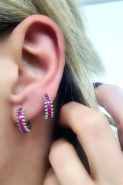 Pembe Zirkon Taşlı 925Ayar Gümüş Luxury Tasarım Halka Küpe ürün görseli 1