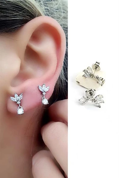 925Ayar Gümüş Üzerine Altın Kaplama Luxury Tasarım Zirkon Taş Detaylı Lotus Minimal Sallantili Küpe 1.5Cm ürün görseli 1