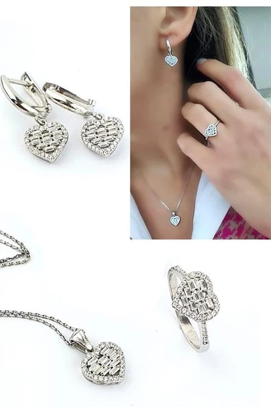 Baget Zirkon Taşlı 925 Ayar Gümüş Kalp Set Takım ürün görseli 1