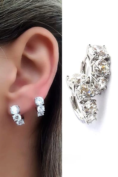 Sky Diamond Taşlı 925Ayar Gümüş Üzerine Beyaz Altın Kaplama Süzme Sıra Taş Halka Küpe ürün görseli 1