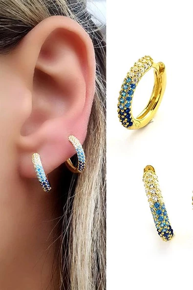 Mavi Geçişli Zirkon Taşlı 925Ayar Gümüş Üzerine Altın Kaplama Luxury Tasarım Bombeli Halka Küpe 1.5Cm ürün görseli 1