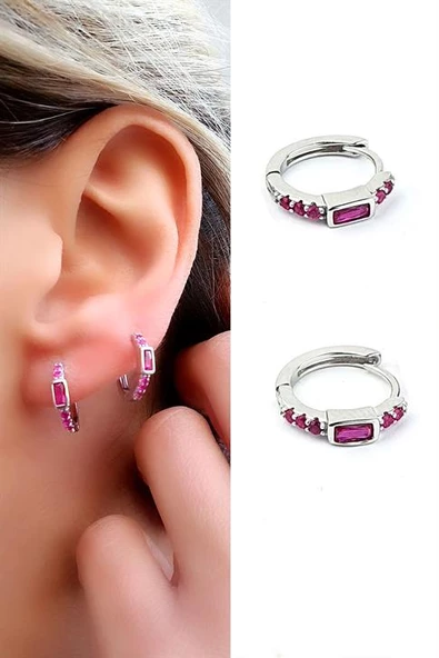 Pembe Zirkon Taşlı 925Ayar Gümüş Luxury Tasarım Halka Küpe ürün görseli 1