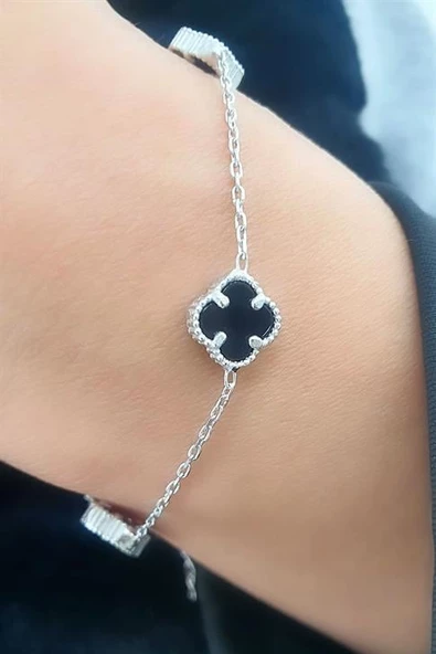 Oniks Taşlı 925Ayar Gümüş Trend 3 Lü Yonca Bileklik ürün görseli 1