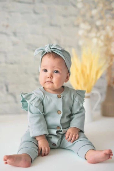 Kız Bebek Mint Organik Pamuk Omuzdan Fırfırlı Tulum ve Bandana Takım (0-24 Ay) ürün görseli 1