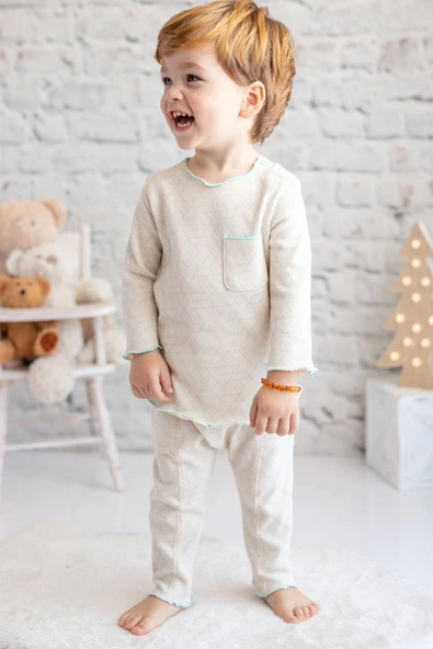 Erkek Bebek Mavi Ekru Desenli %100 Pamuk Uzun Kollu T-Shirt ürün görseli 1