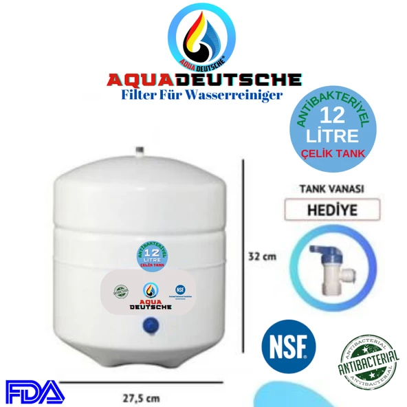AQUA DEUTSCHE 12 LİTRE (3.2 GALON) SU ARITMA CİHAZI ANTİBAKTERİYEL ÇELİK BASINÇ DENGE TANKI ürün görseli 1