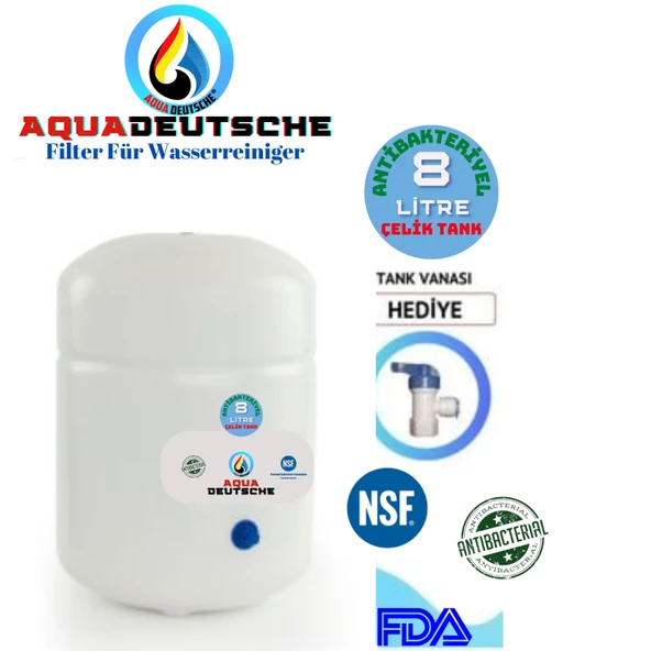 AQUA DEUTSCHE 8 LİTRE (2.2 GALON) ANTİBAKTERİYEL ÇELİK SU ARITMA CİHAZI BASINÇ DENGE TANKI ürün görseli 1