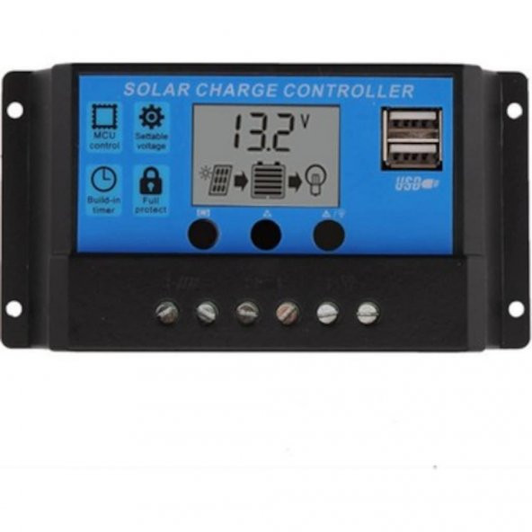 10A Solar Şarj Kontrol Cihazı Regülatörü Çift USB 12V-24V Güneş Paneli Şarj Regülatörü ürün görseli 1