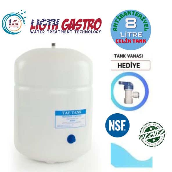 LİGHT GASTRO 8 LİTRE (2.2 GALON) SU ARITMA CİHAZI ANTİBAKTERİYEL ÇELİK NSF Lİ BASINÇ DENGE TANKI ürün görseli 1