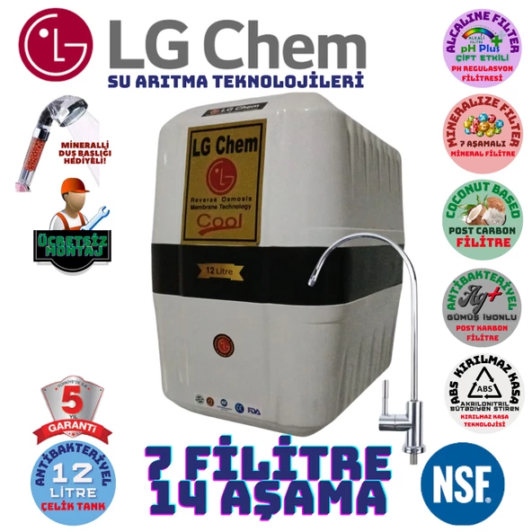 LG Chem COOL BEYAZ SİYAH MONTAJ DAHİL 12 LİTRE 7 FİLTRE 14 AŞAMA SU ARITMA CİHAZI ürün görseli 1