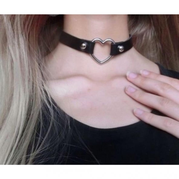 Siyah Deri Tasma Kalp 35 cm Choker Bayan Kolye Hediyelik Takı ürün görseli 1