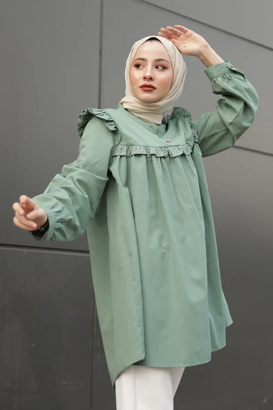 Lamelif Hakim Yaka Önü Pileli Tunik Çağla ürün görseli 1