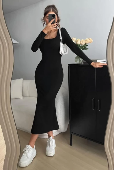 Khar Siyah Kare Yaka Uzun Kollu Esnek Uzun Elbise ürün görseli 1