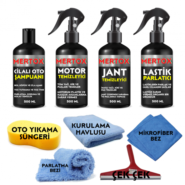 MERTOX ARAÇ ARABA OTOMOBİL OTO TEMİZLİK VE BAKIM SETİ MOTOR JANT TEMİZLEYİCİ CİLALI OTO ŞAMPUANI VE LASTİK PARLATICI 4X500ML ürün görseli 1