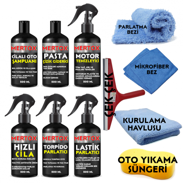 MERTOX ARAÇ ARABA OTOMOBİL OTO TEMİZLİK VE BAKIM SETİ CİLALI OTO ŞAMPUANI+PASTA İNCE ÇİZİK GİDERİCİ+MOTOR TEMİZLEYİCİ+HIZLI CİLA+TORPİDO+LASTİK PARLATICI 6X500ML ürün görseli 1