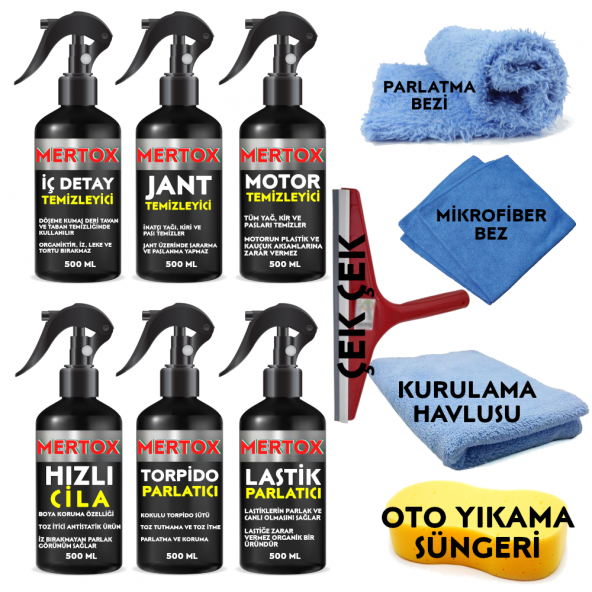 MERTOX ARAÇ ARABA OTOMOBİL OTO TEMİZLİK VE BAKIM SETİ İÇ DETAY+JANT-MOTOR TEMİZLEYİCİ+HIZLI CİLA+TORPİDO+LASTİK PARLATICI 6X500ML ürün görseli 1